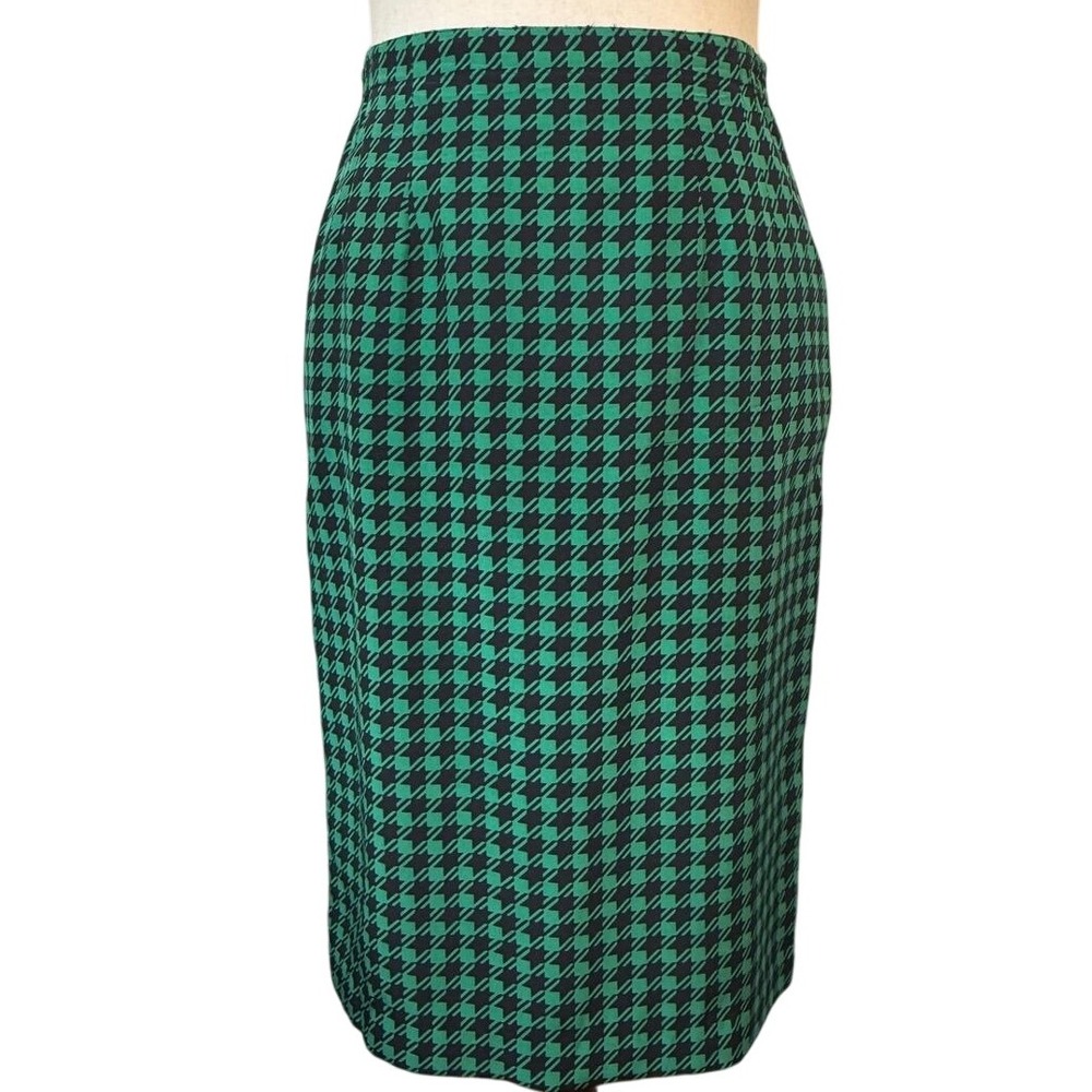 Anne Crimmins Vintage Houndstooth Pencil Skirt Silk Green Black 12